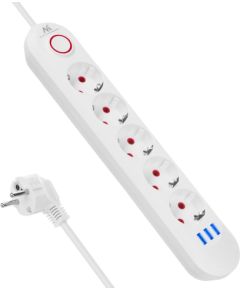 Maclean power strip, 5 socket extension + 3xUSB, 110-240V AC 50/60Hz, 2.1A max 2500W, 1.5m, white, MCE395 W Strāvas pagarinātāji