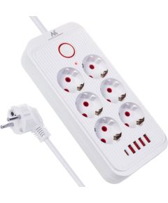 Maclean power strip, 6 socket extension + 4xUSB, 110-240V AC 50/60Hz, 2.1A max 2500W, 1.5 m, white, MCE389 W Strāvas pagarinātāji