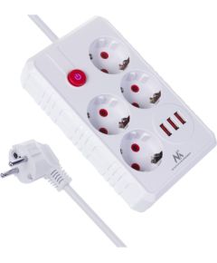 Maclean power strip, 4-socket extension cable + 3xUSB, 110-240V AC 50/60Hz, 2.1A max 2500W, 3m, white, MCE393 W Strāvas pagarinātāji