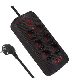 Maclean power strip, 6 socket extension + 4xUSB, 110-240V AC 50/60Hz, 2.1A max 2500W, 1.5 m, black, MCE389 B Strāvas pagarinātāji