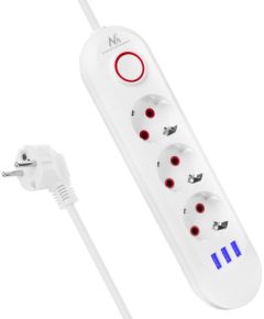 Maclean power strip, 3 socket extension + 3xUSB, 110-240V AC 50/60Hz, 2.1A max 2500W, 1.5m, white, MCE394 W Strāvas pagarinātāji