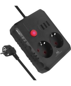 Maclean power strip, extender 2 sockets + 3xUSB, 110-240V AC 50/60Hz, 2.1A max 2500W, 3 m, black, MCE388 B Strāvas pagarinātāji
