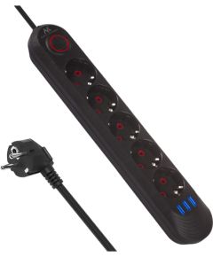 Maclean power strip, 5 socket extension cable + 3xUSB, 110-240V AC 50/60Hz, 2.1A max 2500W, 1.5m, black, MCE395 B Strāvas pagarinātāji
