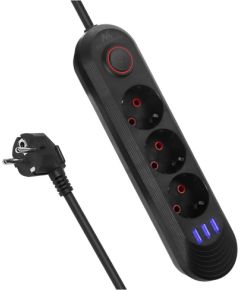 Maclean power strip, 3-socket extension cable + 3xUSB, 110-240V AC 50/60Hz, 2.1A max 2500W, 1.5m, black, MCE394 B Strāvas pagarinātāji