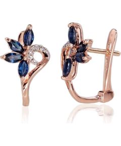 Zelta auskari ar 'angļu' slēdzēju #1200717(Au-R+PRh-W)_DI+SA, Sarkanais Zelts 585°, rodijs (pārklājums), Briljanti (0,028Ct), Safīrs (1,048Ct), 1.94 gr. Zelta auskari ar "angļu" slēdzēju