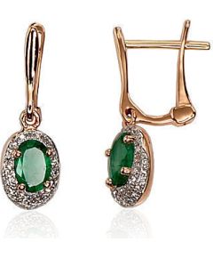 Zelta auskari ar 'angļu' slēdzēju #1200392(Au-R+PRh-W)_DI+EM, Sarkanais Zelts 585°, rodijs (pārklājums), Briljanti (0,133Ct), Smaragds (0,758Ct), 1.99 gr. Zelta auskari ar "angļu" slēdzēju