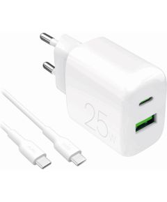 Wall Charger 1xUSB-A, 1xUSB-C, 25W with Cable USB-C to USB-C, 1,2m, by Puro White Новинки смартфонов и телефонов