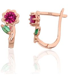 Золотые серьги на английском замке #1201698(Au-R)_CZ-RO+CZ-G, Красное Золото 585°, Цирконы, 0.75 гр. Zelta auskari ar "angļu" slēdzēju