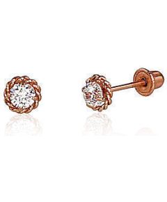Zelta auskari-puseti ar skrūvēm #1200499(Au-R)_CZ, Sarkanais Zelts 585°, Cirkoni, 0.41 gr. Puseti ar skrūvēm