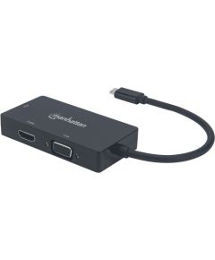 Manhattan USB-C Dock/Hub, Ports (x3): DVI-I, HDMI and VGA Ports, Note: Only One Port can be used at a time, External Power Supply Not Needed, Universal for all devices, Cable 10cm, Black, Three Year Warranty Adapteri