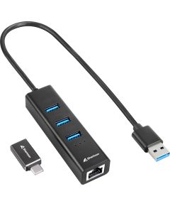 Sharkoon 3-Port USB 3.2 Gen 1 Alu Hub + Ethernet, docking station (black) USB / Type-C Hub