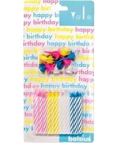 Bolsius Набор из 12 разноцветных свечей для торта с подсвечниками. Свечи и подсвечники