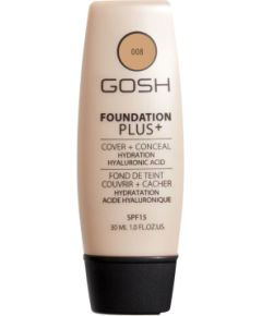 Gosh, Foundation Plus+, Cover & Conceal, Liquid Foundation, 008, Golden, 15 SPF, 30 ml Dekoratīvā kosmētika