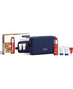 Set Clarins: Men, Energising, Gel, For Face, 50 ml + Men, Shower Gel & Shampoo 2-In-1, 30 ml + Men, Eliminates Impurities, Cleansing Gel, 30 ml + Men, Anti-Dark Circles, Eye Gel, 3 ml + Clarins, GWP Textile Pouch, Blue Dāvanu komplekti