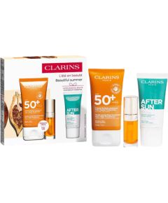 Set Clarins: Clarins, Hydrating, Sunscreen Cream, For Face, SPF 50+, 50 ml + After Sun, Regenerating, After-Sun Balm, 30 ml + Lip Confort, Lip Oil, 01, 7 ml Dāvanu komplekti