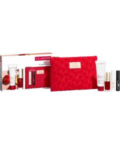 Set Clarins: Beauty Flash, Revitalising, Balm, Face, 15 ml + S.O.S., Eyelash Serum, 3 ml + Lip Comfort, Hydrating, Lip Oil, 7 ml + Wonder Volume, Volumising, Mascara, Black, 3 ml *Miniature + Clarins, GWP Textile Pouch, Red Dekoratīvā kosmētika