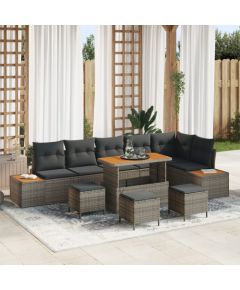 Vidaxl Zestaw 10-elementowy sof ogrodowych z poduszkami Szary Polirattan Akacja Dārza mēbeļu komplekti