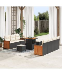 Zestaw kanap ogrodowych vidaXL 10-częściowy z poduszkami Czarny Polirattan Akacja Dārza mēbeļu komplekti