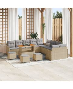 Zestaw kanap ogrodowych vidaXL 14 elementów z poduszkami beżowy polirattan akacja Dārza mēbeļu komplekti