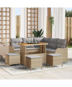 Zestaw sofy ogrodowej vidaXL 9-częściowy z poduszkami beżowym poli rattan garnitur akacjowy Dārza mēbeļu komplekti