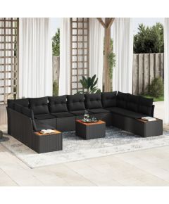 vidaXL 11-elementowy zestaw sofy ogrodowej z poduszkami czarny polirattan akacja Dārza mēbeļu komplekti