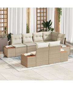 Zestaw Sofy Ogrodowej vidaXL 7-częściowy z Poduszkami Beżowy Poli Rattan Akacja Dārza mēbeļu komplekti