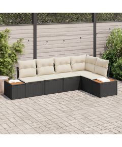 vidaXL Zestaw sof ogrodowych 5-częściowych z poduszkami - Czarny polirattan i akacja Dārza mēbeļu komplekti