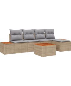 vidaXL 6-częściowy zestaw ogrodowy z poduszkami - Beżowy poli rattan akacja Dārza mēbeļu komplekti