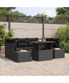 vidaXL Zestaw do jedzenia w ogrodzie 7-elementowy z poduszkami Czarny Polirattan Akacja Dārza mēbeļu komplekti