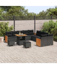 Zestaw sofy ogrodowej vidaXL w 13 częściach z poduszkami Czarny Polirattan Akacja Dārza mēbeļu komplekti