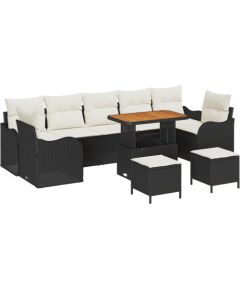 vidaXL 10-częściowy zestaw sofy ogrodowej z poduszkami czarny polirattan akacja Dārza mēbeļu komplekti