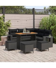 vidaXL 9-częściowy zestaw ogrodowy z poduszkami - Czarny polirattan akacji Dārza mēbeļu komplekti