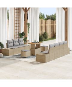 10-częściowy zestaw sof ogrodowych vidaXL z poduszkami Beżowy Polirattan Akacja Dārza mēbeļu komplekti