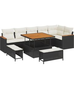 9-częściowy zestaw sof ogrodowych vidaXL z poduszkami czarny polirattan akacja Dārza mēbeļu komplekti