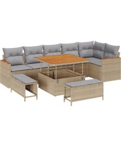 Zestaw sof ogrodowych vidaXL 9 częściowy z poduszkami Beżowy Rattan akacjowy Dārza mēbeļu komplekti