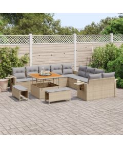 13-częściowy zestaw sof ogrodowych vidaXL z poduszkami Beżowy Polirattan Akacja Dārza mēbeļu komplekti