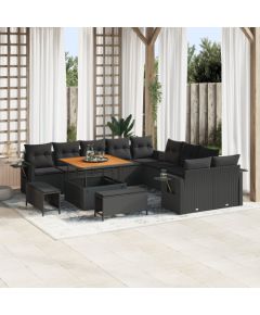 Vidaxl Zestaw 13 Elementowy Sof Ogrodowych z Poduszkami Czarny Polirattan Akacja Dārza mēbeļu komplekti