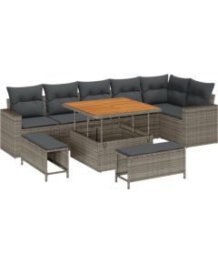 vidaXL Zestaw 9-częściowy sof ogrodowych z poduszkami szary polirattan akacja Dārza mēbeļu komplekti