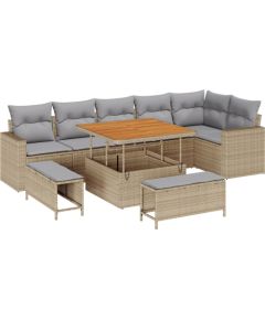 vidaXL 9-częściowy zestaw sof ogrodowych z poduszkami Beżowy Polirattan Akacja Dārza mēbeļu komplekti