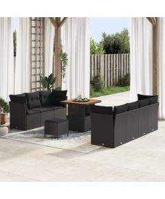 vidaXL 10 Elementowy Zestaw Sofy Ogrodowej z Poduszkami Czarny Polirattan Akacja Dārza mēbeļu komplekti