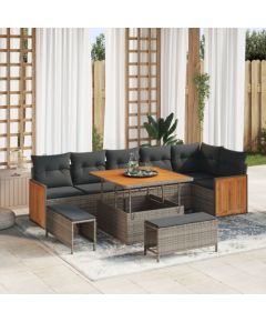 vidaXL 9-częściowy zestaw sofy ogrodowej z poduszkami, szary polirattan akacja Dārza mēbeļu komplekti