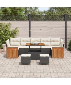 vidaXL 10-elementowy zestaw sofy ogrodowej z poduszkami czarny polirattan akacja Dārza mēbeļu komplekti