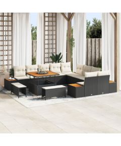 vidaXL Zestaw 13-częściowy sofy ogrodowej z poduszkami Czarny Polirattan Akacja Dārza mēbeļu komplekti