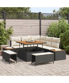 vidaXL 8-częściowy zestaw sof ogrodowych z poduszkami Czarny Polirattan Akacja Dārza mēbeļu komplekti