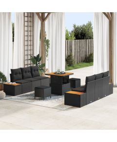 Zestaw sofy ogrodowej vidaXL w 9 częściach z poduszkami czarny polirattan akacja Dārza mēbeļu komplekti