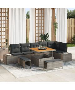 Zestaw Sofy Ogrodowej vidaXL 9-częściowy z Poduszkami Szary Polirattan Akacja Dārza mēbeļu komplekti