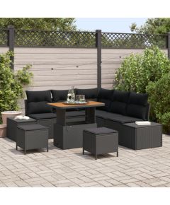 8-częściowy Zestaw Sof Ogrodowych vidaXL z Poduszkami Czarny Rattan Poli Akacja Dārza mēbeļu komplekti