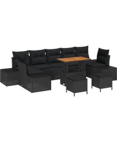 vidaXL 10 częściowy zestaw sof ogrodowych z poduszkami Czarny Polirattan Akacja Dārza mēbeļu komplekti