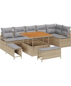 vidaXL 9-częściowy zestaw sofy ogrodowej z poduszkami Beżowy Polirattan Akacja Dārza mēbeļu komplekti