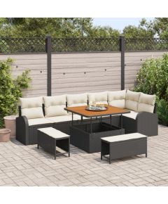 Zestaw sof ogrodowych vidaXL 9-częściowy z poduszkami, czarny polirattan akacja Dārza mēbeļu komplekti